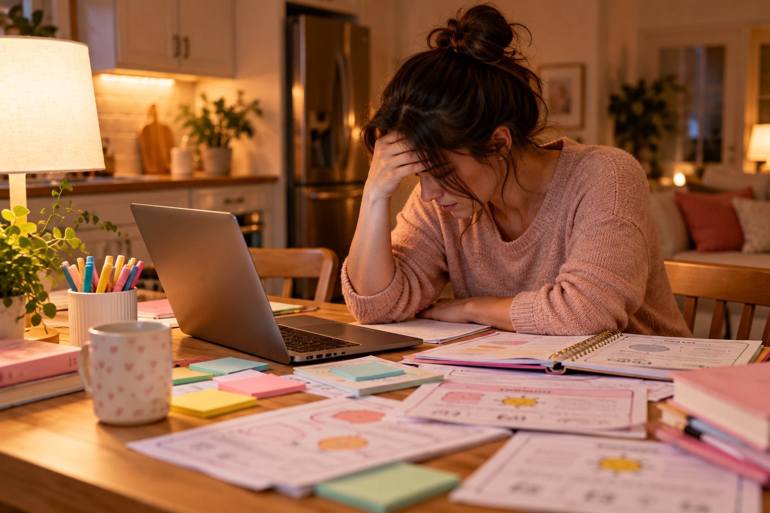 A tired teacher planning alphabet lessons late at night